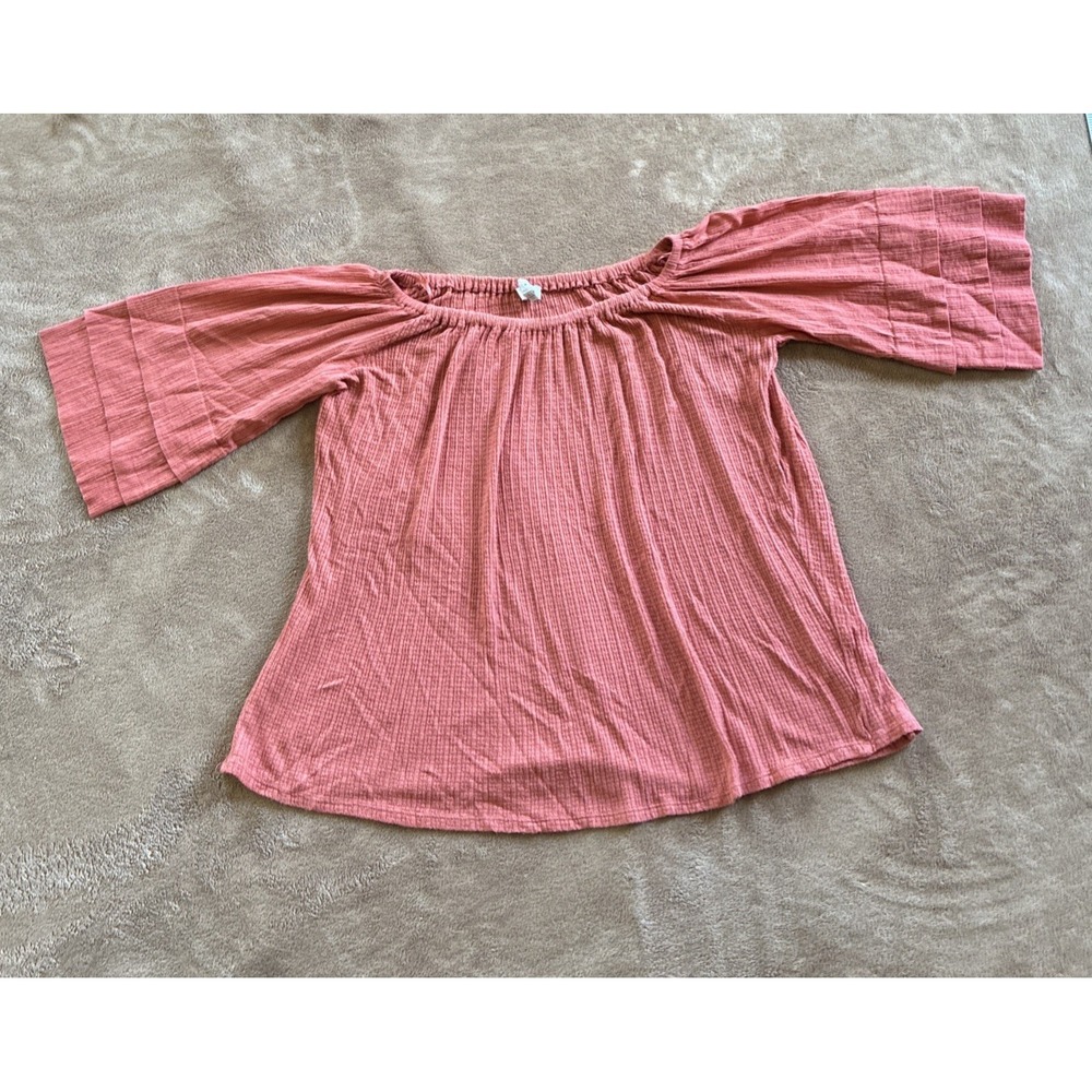 Lucky Brand Women's Top Large Pink Boho Peasant Blouse Crinkled Bell Sleeve Cozy